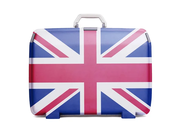 Used plastic suitcase with stains and scratches, printed with flag, United Kingdom