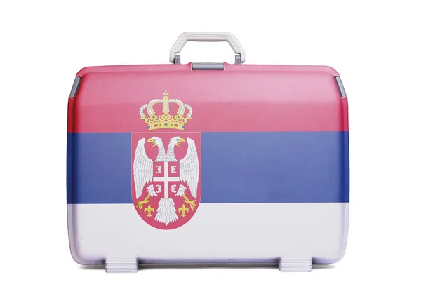 Used Plastic Suitcase Stains Scratches Printed Flag Serbia — Stock Photo, Image