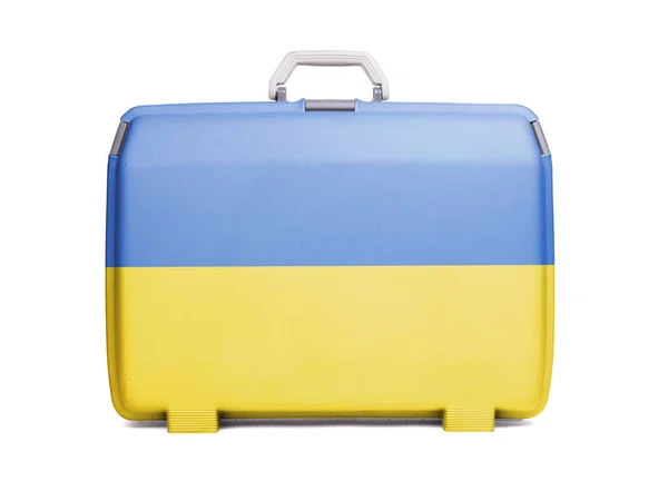 Maleta Plástico Usada Con Manchas Arañazos Impresa Con Bandera Ucrania — Foto de Stock