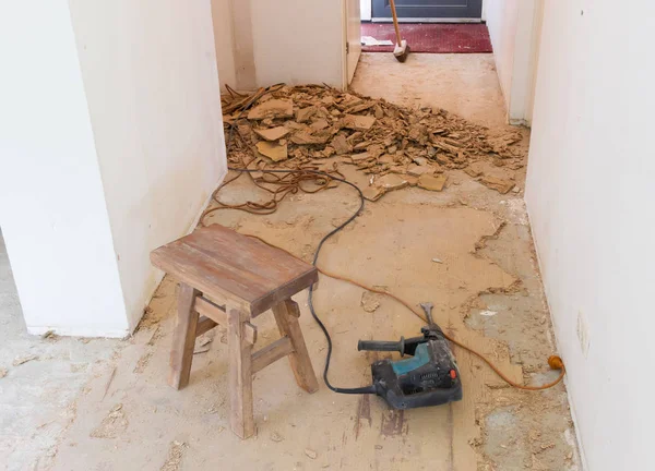 Κατασκευή Jackhammer Removing Chipboard Floor Επιλεκτική Εστίαση — Φωτογραφία Αρχείου