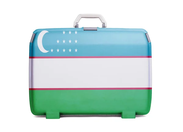 Χρησιμοποιείται Πλαστική Βαλίτσα Λεκέδων Και Των Γρατσουνιών Τυπωμένο Σημαία Ουζμπεκιστάν — Φωτογραφία Αρχείου