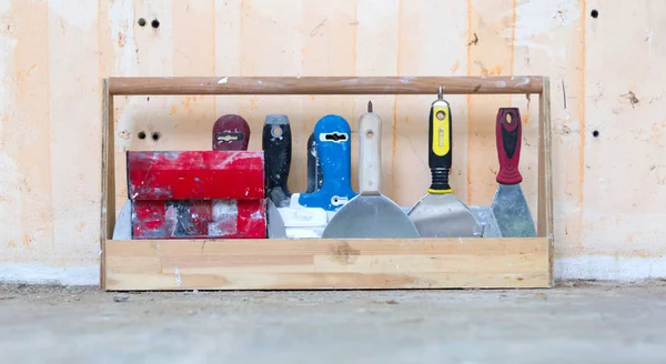 Rack Full Tools Use Plastering Wall Selective Focus — Stock Photo, Image
