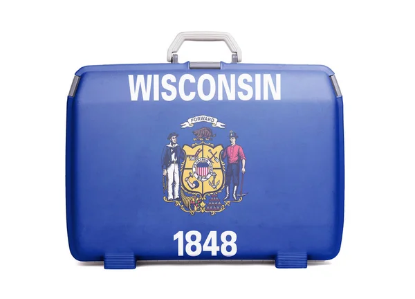 Valise Plastique Usagée Avec Taches Rayures Imprimée Avec Drapeau Wisconsin — Photo