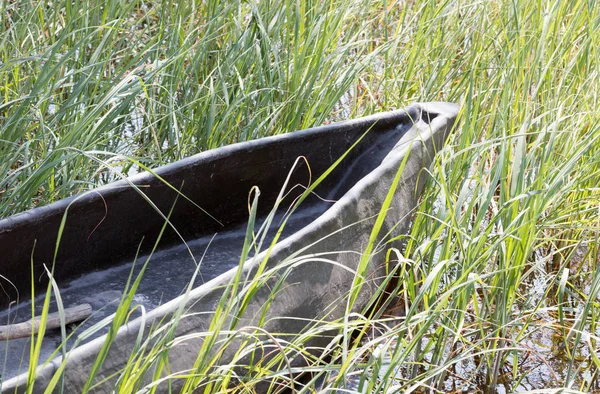 Kanoten Väntar Gräset Okavangodeltat Botswana — Stockfoto