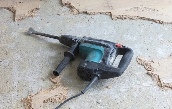 Κατασκευή Jackhammer Removing Chipboard Floor Επιλεκτική Εστίαση — Φωτογραφία Αρχείου