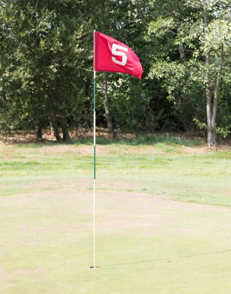 風になびかせてゴルフ トラックの赤い旗 — ストック写真