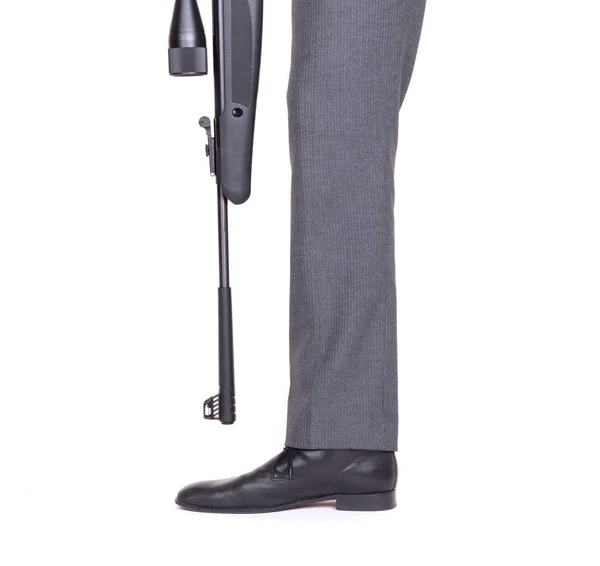 Concept Businessman Shooting Himself Foot Rifle — Stock Photo, Image