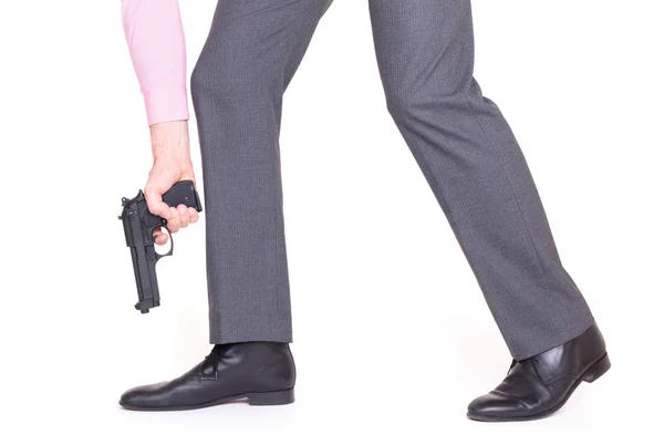 Konzept Geschäftsmann Schießt Sich Mit Handfeuerwaffe Den Fuß — Stockfoto