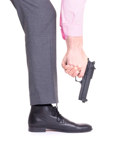 Concept Businessman Shooting Himself Foot Handgun — Stock Photo, Image