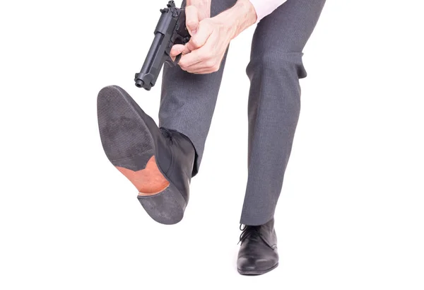 Concept Businessman Shooting Himself Foot Handgun — Stock Photo, Image