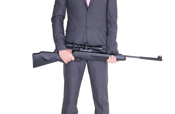 Hombre Traje Con Pistola Rifle Aislado Blanco —  Fotos de Stock