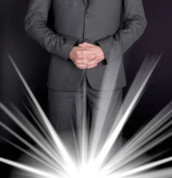 Hands Crossed Prayer Man Grey Suit — Stock Photo, Image