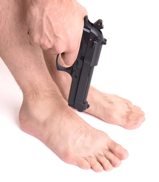 Concept Man Shooting Himself Foot — Stock Photo, Image