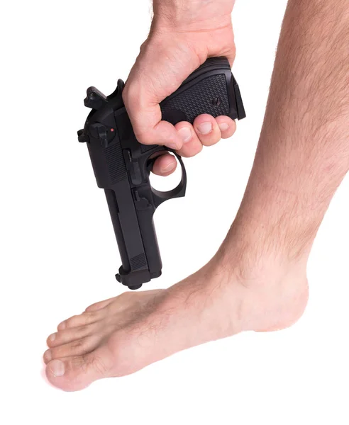 Concept Man Shooting Himself Foot — Stock Photo, Image