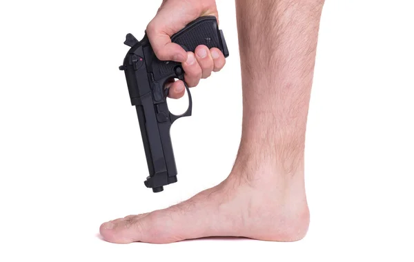 Concept Man Shooting Himself Foot — Stock Photo, Image