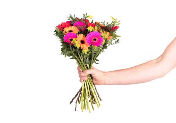 Homem Está Dando Flores Isolado Branco — Fotografia de Stock