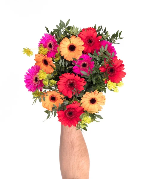 Homem Está Dando Flores Isolado Branco Vista Superior — Fotografia de Stock