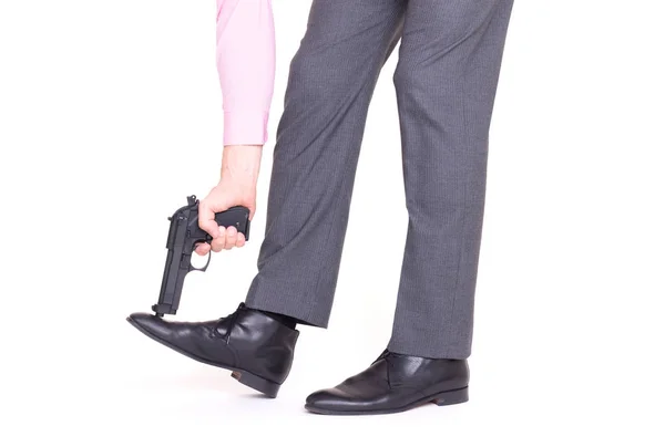 Concept Businessman Shooting Himself Foot Handgun — Stock Photo, Image