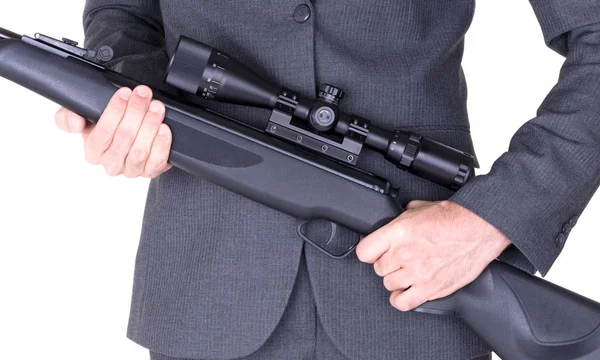 Mann Anzug Mit Waffe Gewehr Isoliert Auf Weiß — Stockfoto