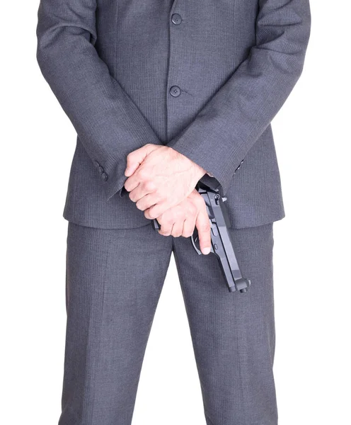 Homem Fato Com Arma Pistola Isolado Branco — Fotografia de Stock