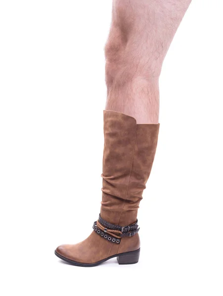 Botte Cuir Haute Pour Femme Avec Jambe Homme Poilu Isolée — Photo