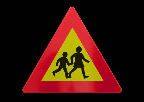 Verkehrszeichen Isoliert Spielende Oder Kreuzende Kinder Auf Schwarz — Stockfoto