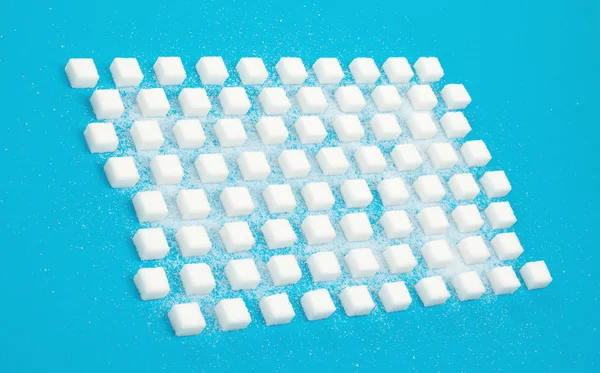 Białe Słodkie Kostki Cukru Płynny Wzór Niebieskie Tło — Zdjęcie stockowe