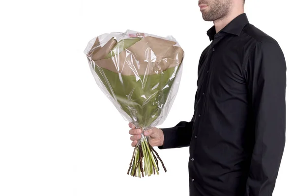 Människan Ger Blommor Isolerad Vitt — Stockfoto