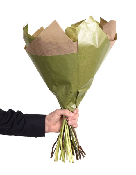 Homem Está Dando Flores Isolado Branco — Fotografia de Stock