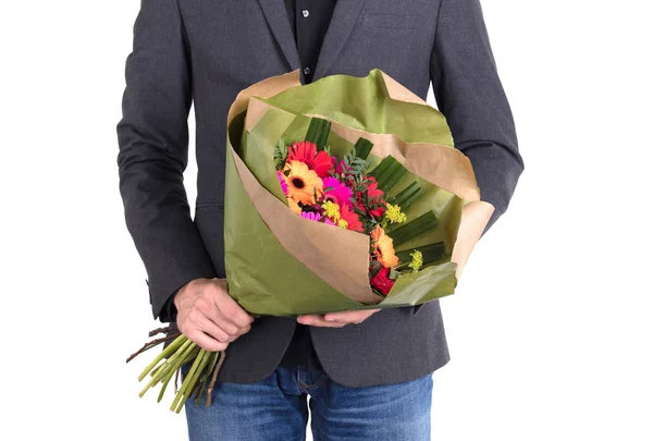 Homem Está Dando Flores Isolado Branco — Fotografia de Stock