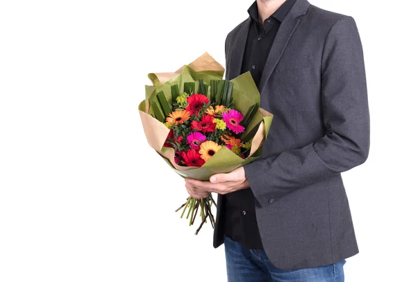 Hombre Está Dando Flores Aislado Blanco — Foto de Stock