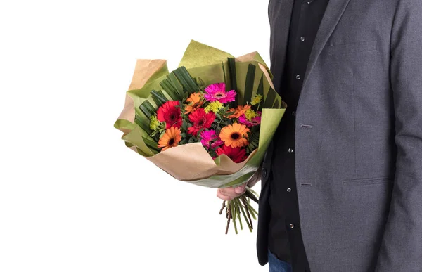 Homem Está Dando Flores Isolado Branco — Fotografia de Stock