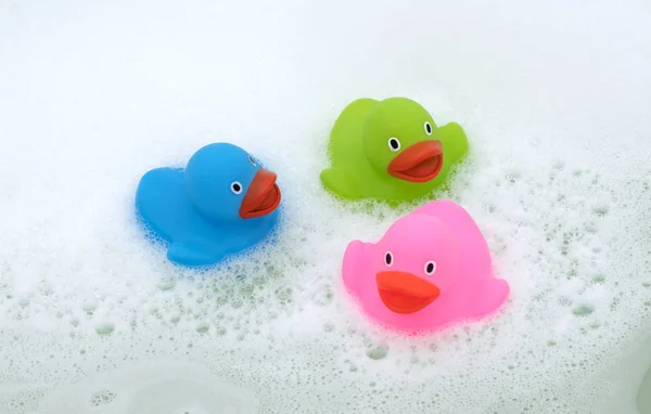 Pink Green Blue Duck Bathtub Surrounded Soap — Stock Photo, Image