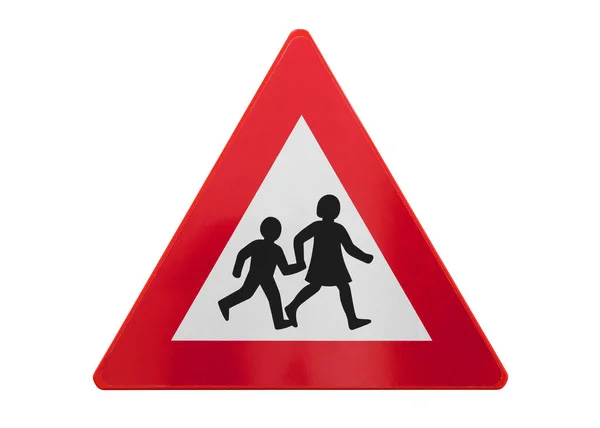 Verkehrszeichen Isoliert Spielende Oder Kreuzende Kinder Auf Weiß — Stockfoto