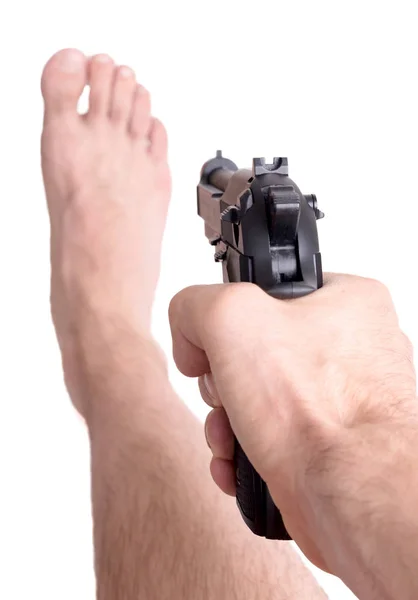 Concept Άνθρωπος Πυροβολεί Τον Εαυτό Του Στο Πόδι — Φωτογραφία Αρχείου