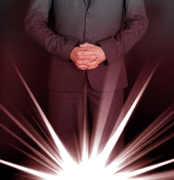 Hands Crossed Prayer Man Grey Suit — Stock Photo, Image