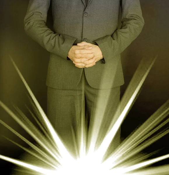 Hands Crossed Prayer Man Grey Suit — Stock Photo, Image