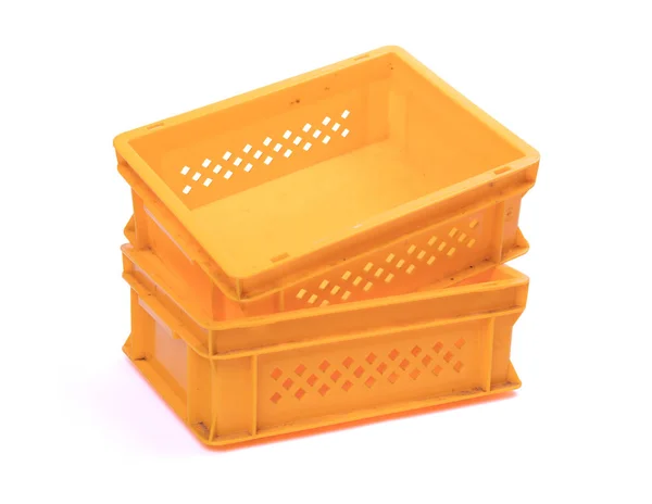 Cajas Vacías Plástico Amarillo Aisladas Blanco —  Fotos de Stock