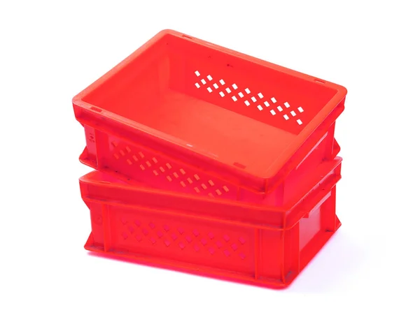 Empty Red Plastic Crates Isolated White — Stock Photo, Image