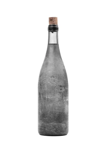 Garrafa Velha Vinho Coberta Poeira Isolada Sobre Branco — Fotografia de Stock