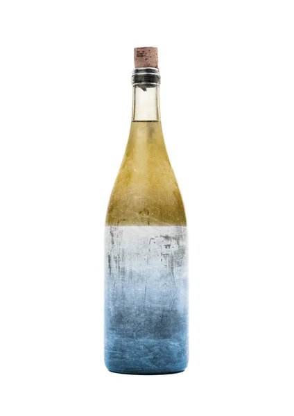 Vieille Bouteille Liquide Jaune Bleu Recouverte Poussière Isolée Sur Blanc — Photo