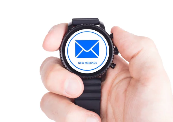 Smartwatch czarny na białym tle, Nowa wiadomość — Zdjęcie stockowe