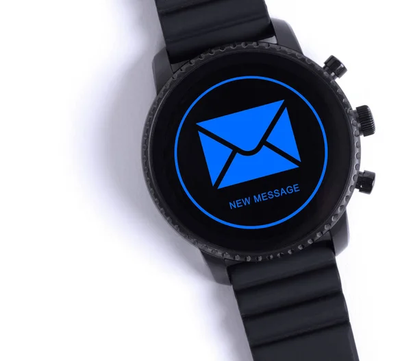 Reloj inteligente negro aislado, nuevo mensaje — Foto de Stock