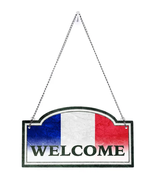 Francia le da la bienvenida! Cartel metálico antiguo aislado — Foto de Stock