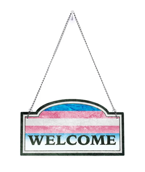 Welkom! Oude metalen bord geïsoleerd-transgender vlag — Stockfoto