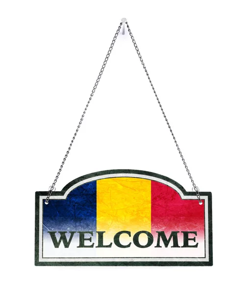 Rumänien välkomnar dig! Gammalt belägga med metall undertecknar isolerat — Stockfoto