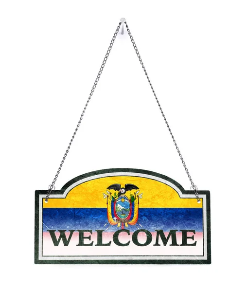 Ecuador welcomes you! Old metal sign isolated — Stock Photo, Image