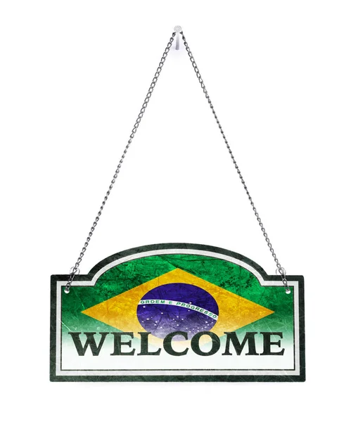 Brazil welcomes you! Old metal sign isolated — Stock Photo, Image