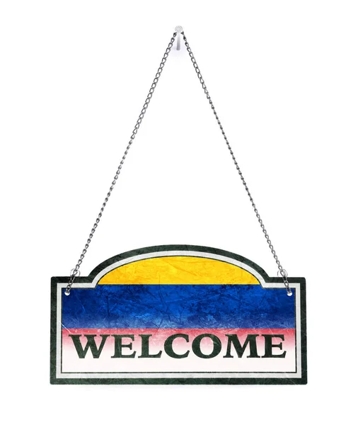 Colombia welcomes you! Old metal sign isolated — Stock Photo, Image