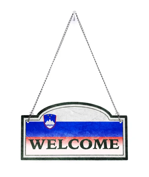 Slovenia welcomes you! Old metal sign isolated — Stock Photo, Image